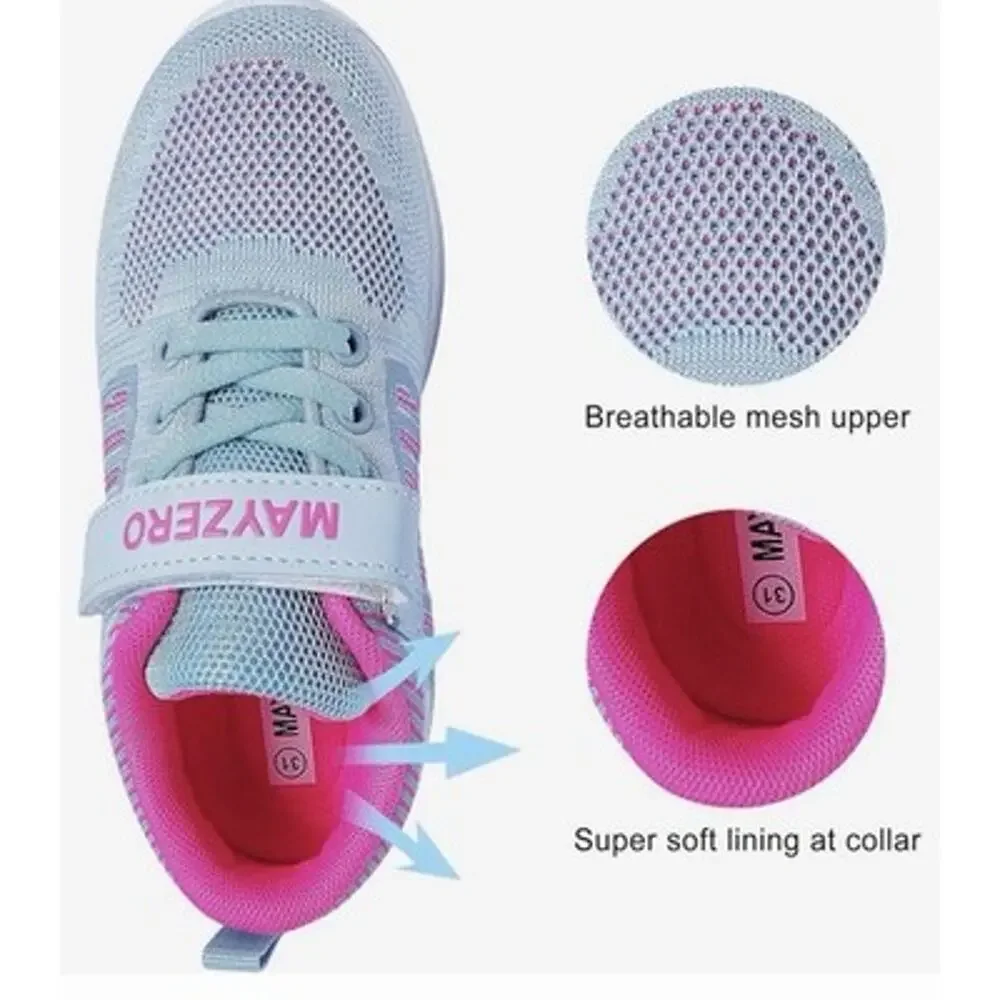MAYZERO Girls Running Shoes Light Grey Pink Hook & Loop Sz 2.5 to 3 New